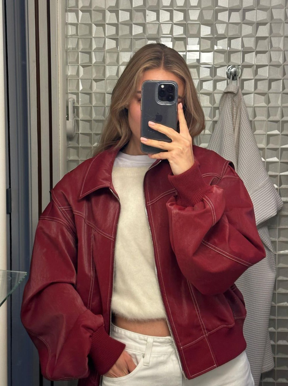 Oversized Contrast Stitch Jacket Red